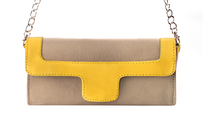Women's tan beige and yellow luxurious elegant clutch for ceremonies, weddings and evenings out. - Profile view